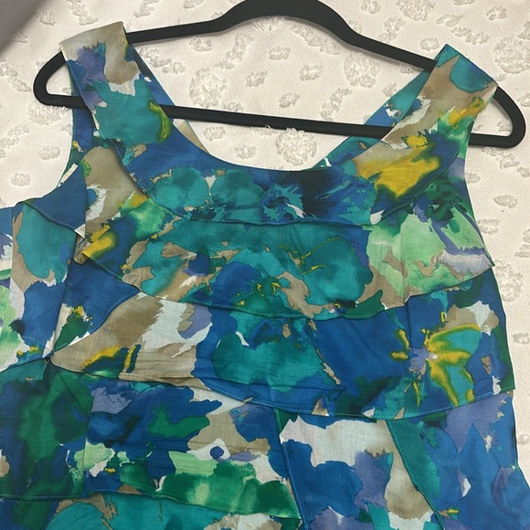 CALVIN KLEIN Layered Ruffled Tiered Midi Blue & Green Shift Dress sz 8 - Picture 2 of 3
